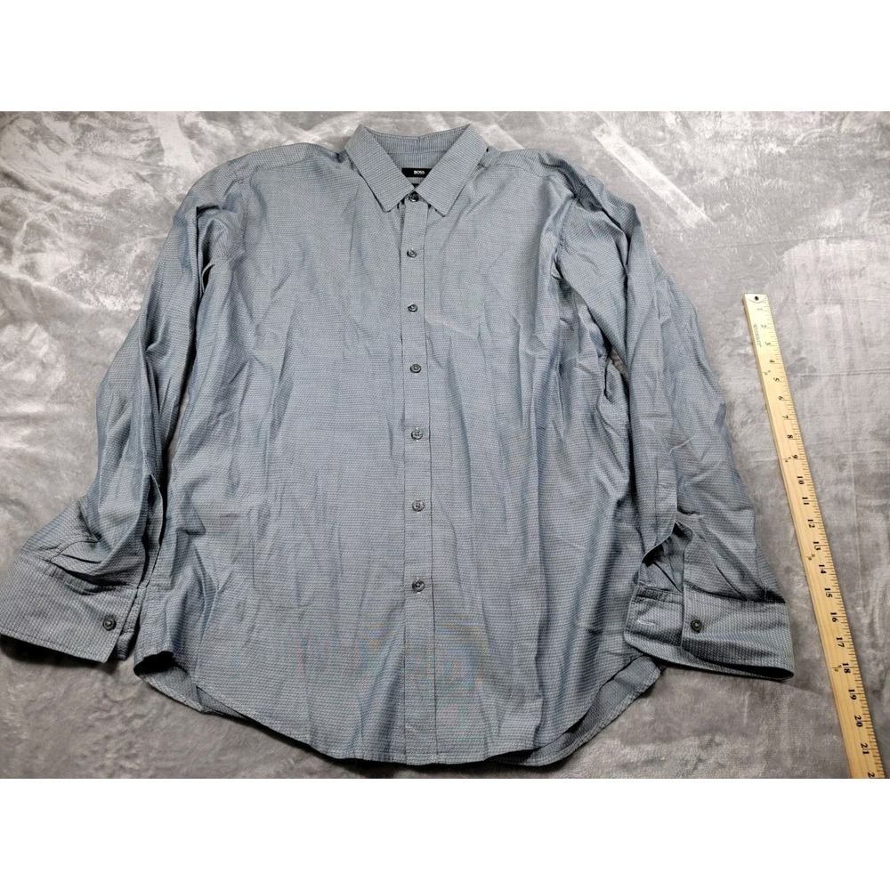 Hugo Boss Slim Fit Button Up Shirt Mens 2XL Gray Geometric Pattern Long Sleeve